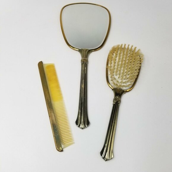 Vintage 40s Matson Vanity Dresser Hand Mirror Gold Comb Brush Regency Glam - Picture 2 of 9